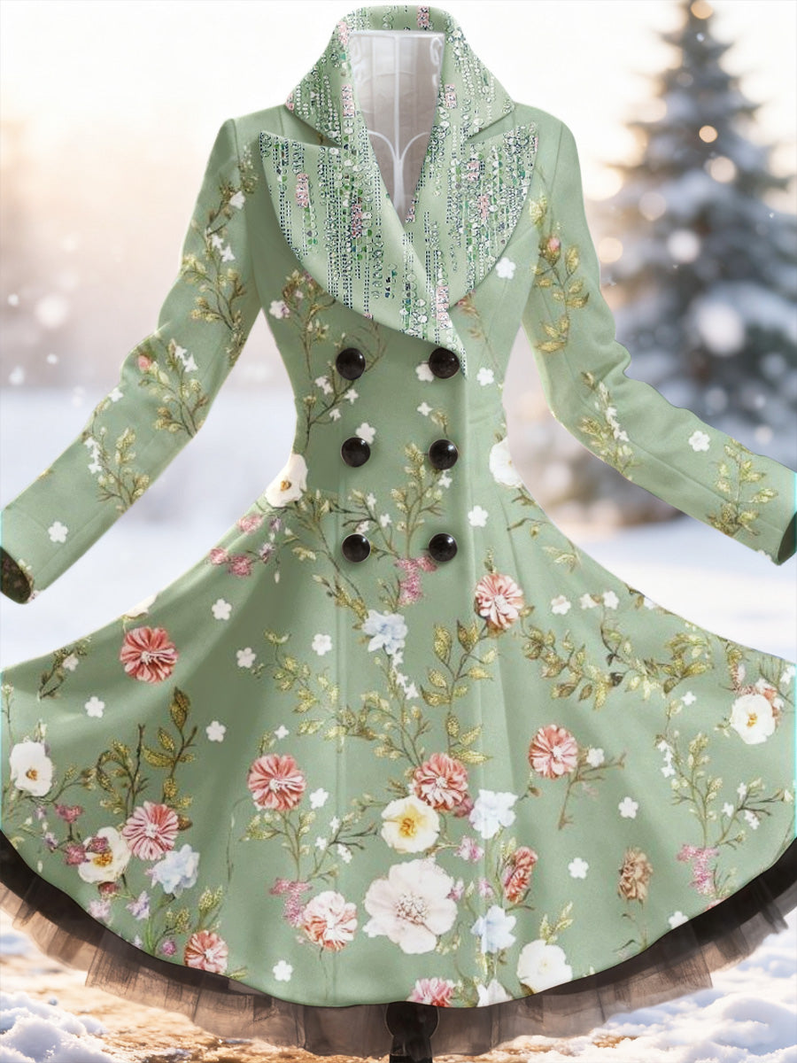 Retro Artistic Floral Print Vintage Elegance Lapel Button Up Long Sleeve Coat Dress